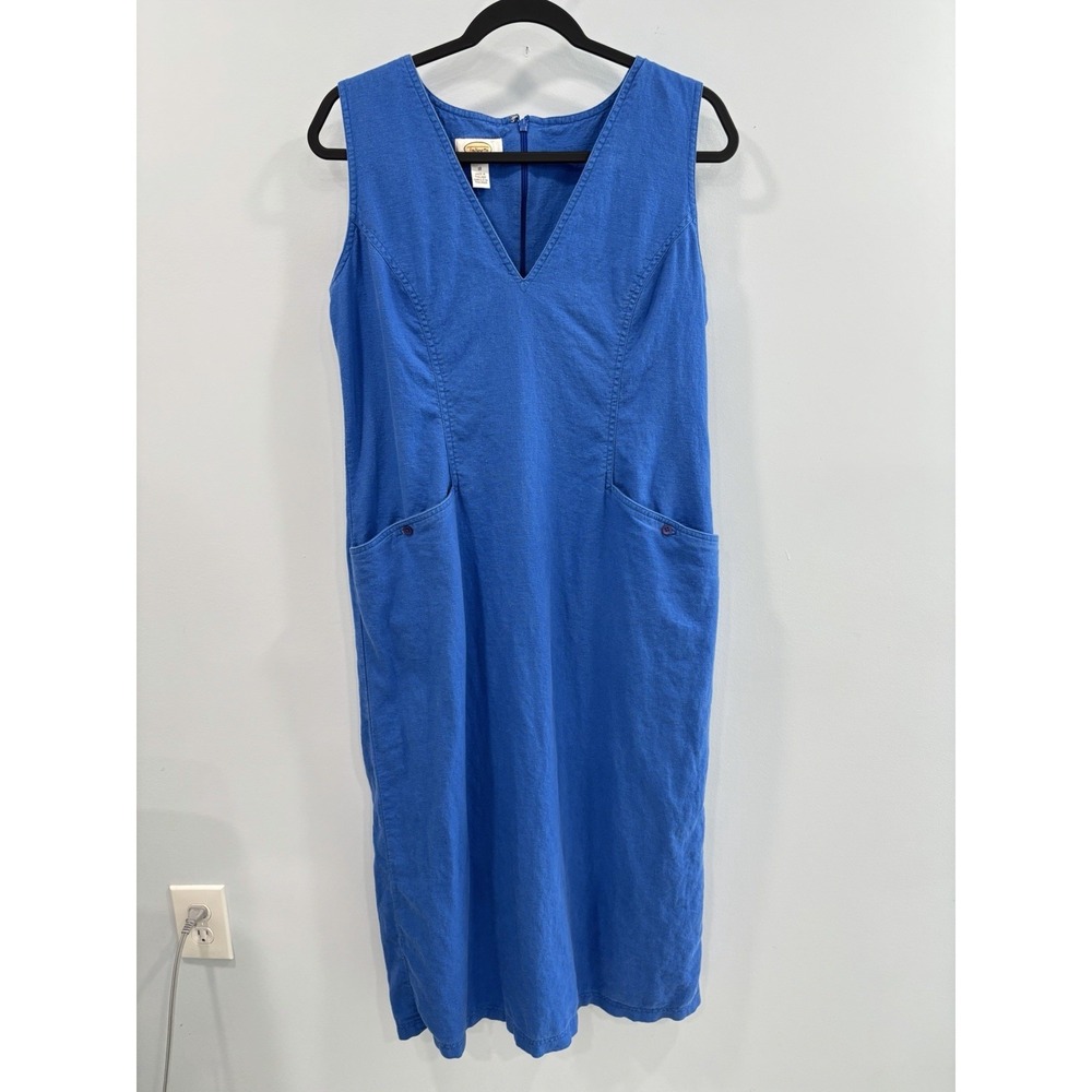 Talbots Blue Linen Blend Midi Dress Sleeveless Pockets Casual Size 10 Lagenlook